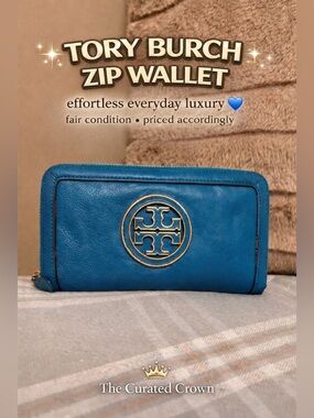 Tory Burch Teal Blue Zip-Around Leather Wallet with Gold Logo